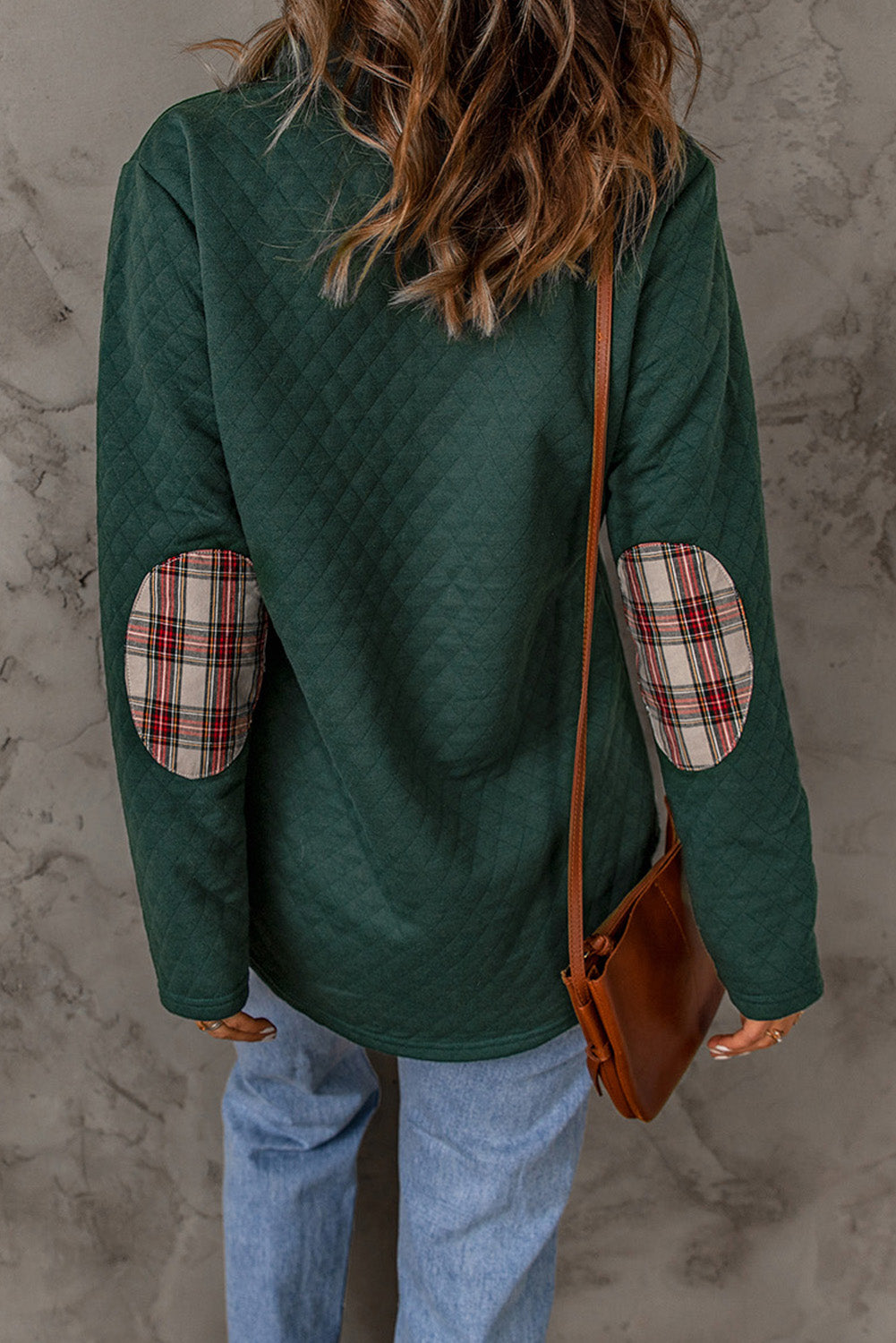 Green Geometric Texture Plaid Trim Sweatshirt eAura