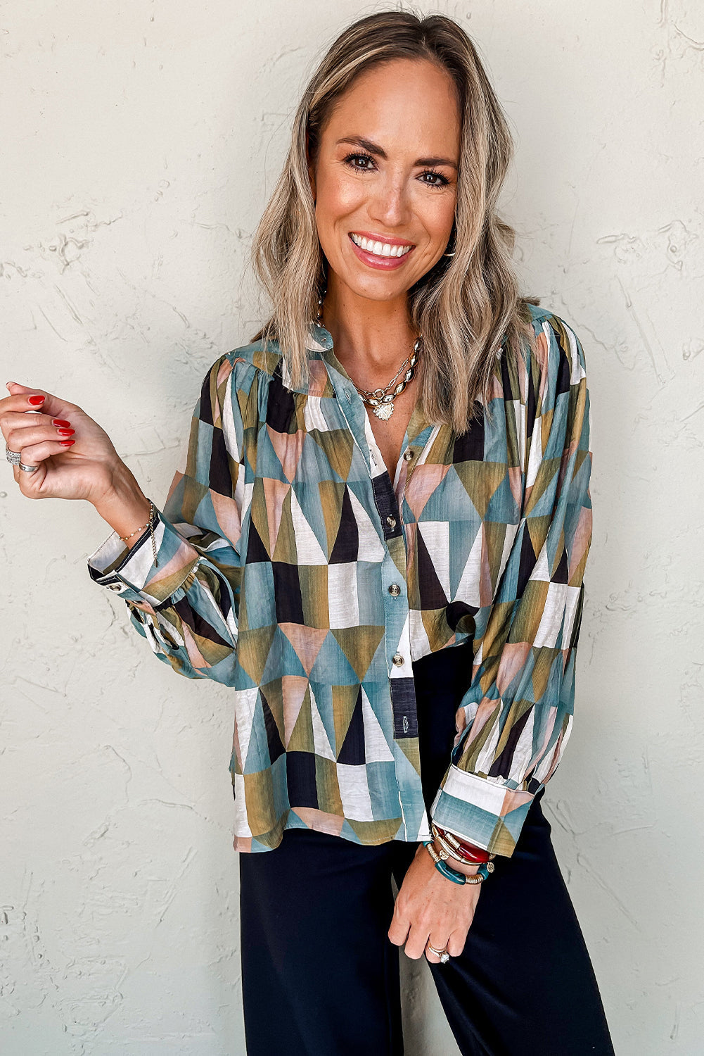 Green Geometric Print Buttoned Balloon Sleeve Loose Fit Shirt BB Fashion Outlet