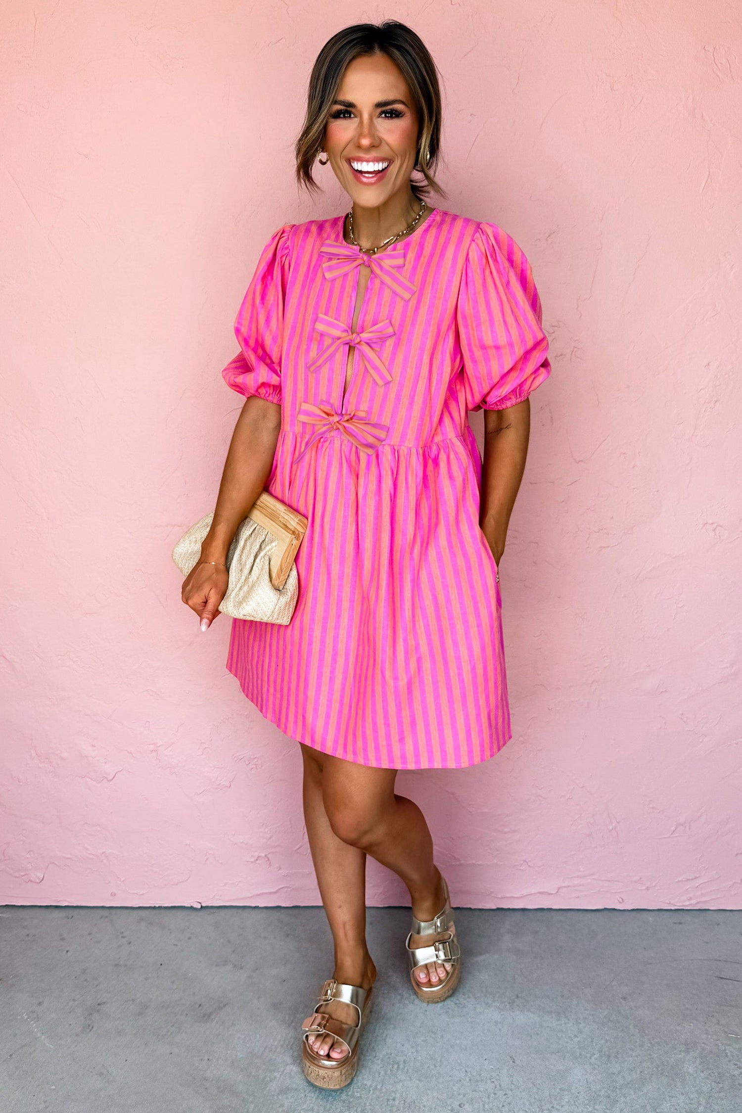 Striped Print Bow Detail Short Puff Sleeve Mini Dress