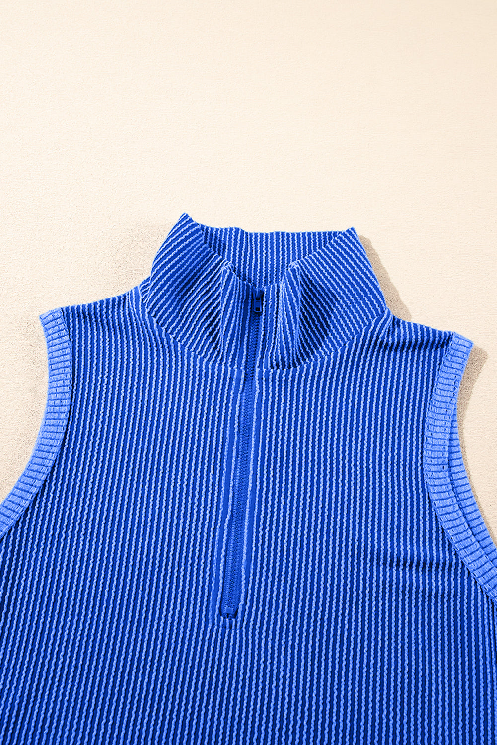 Sky Blue Ribbed Collared Half Zip Tank Top Two Piece Shorts Set eAura