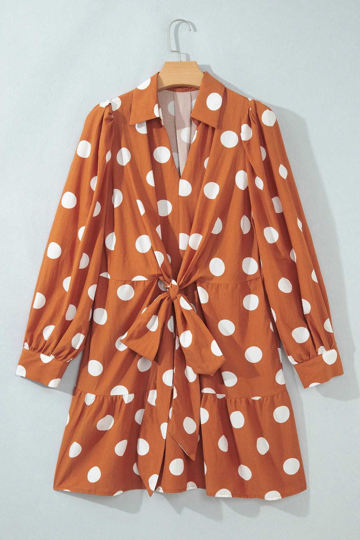 Polka Dot Long Sleeve Tie Waist Casual Shift Mini Dress – Brown