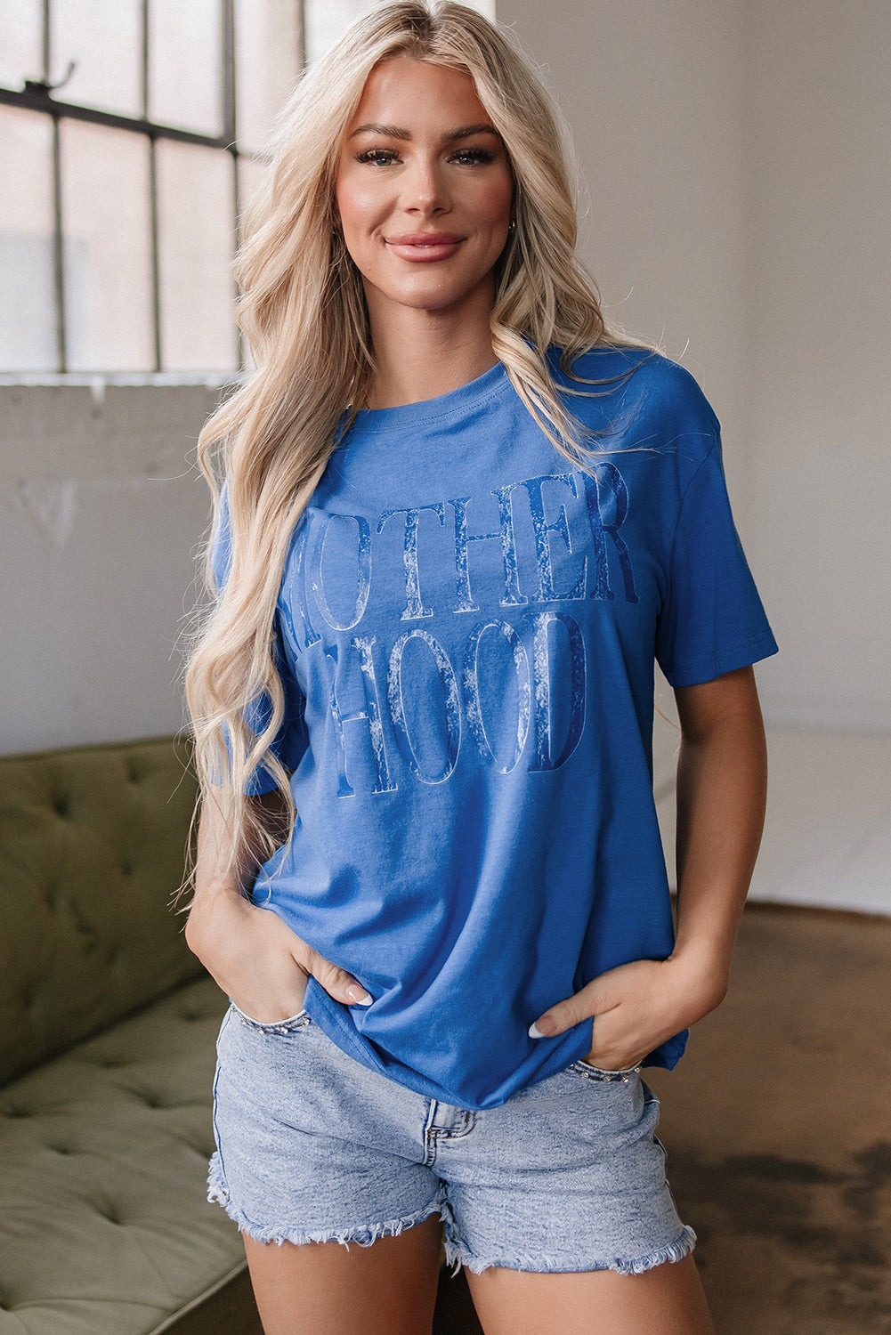 Sky Blue Vintage MOTHERHOOD Letter Graphic T Shirt eAura