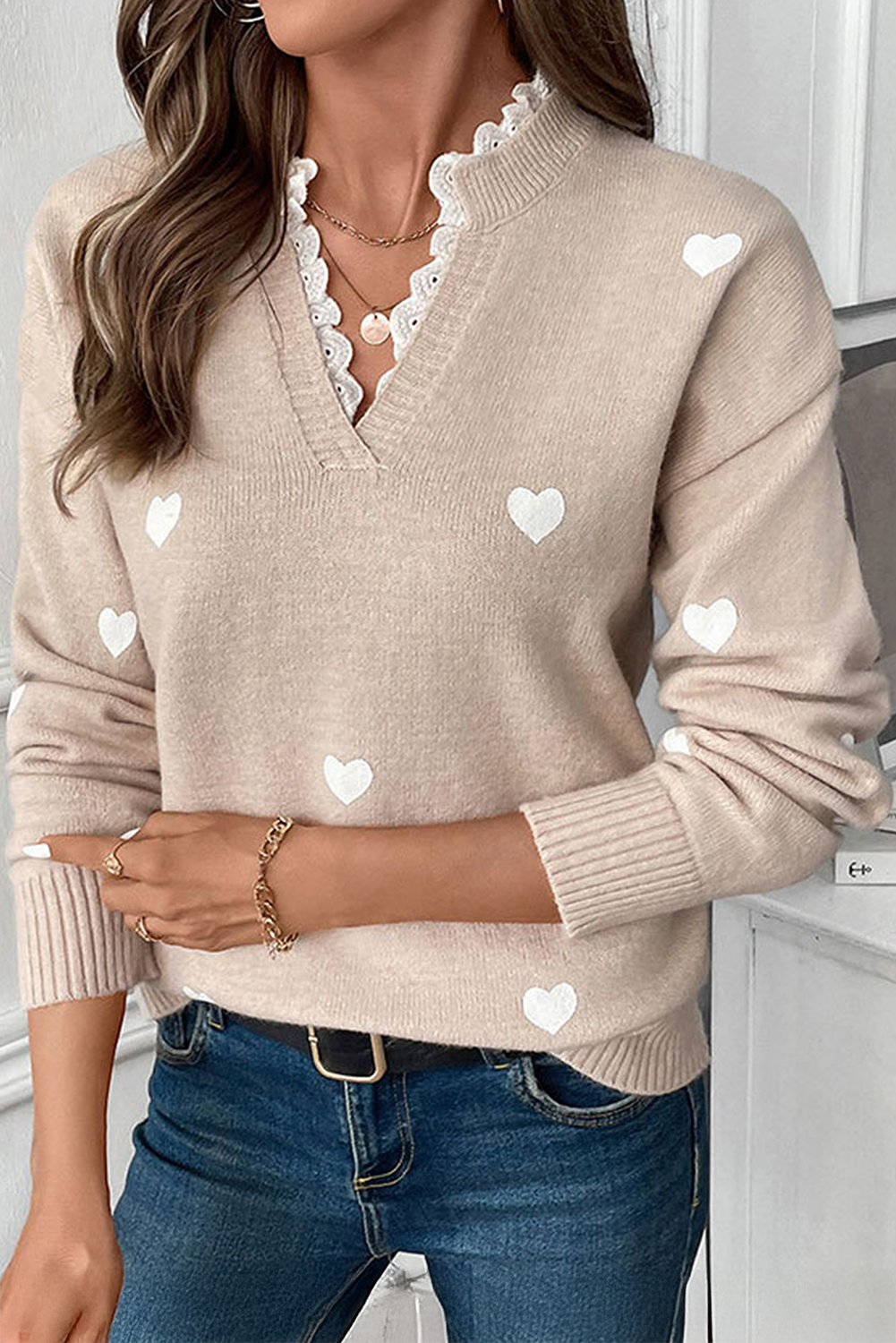 Heart Print Lace Splicing V Neck Valentines Sweater eAura