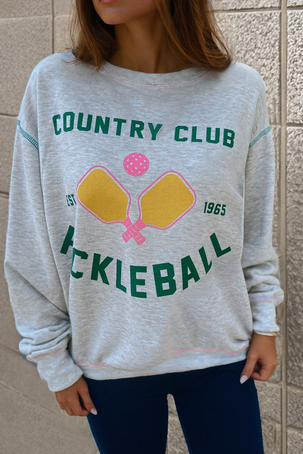 Light Grey COUNTRY CLUB PICKLEBALL Graphic Exposed Stitching Casual Sweatshirt eAura