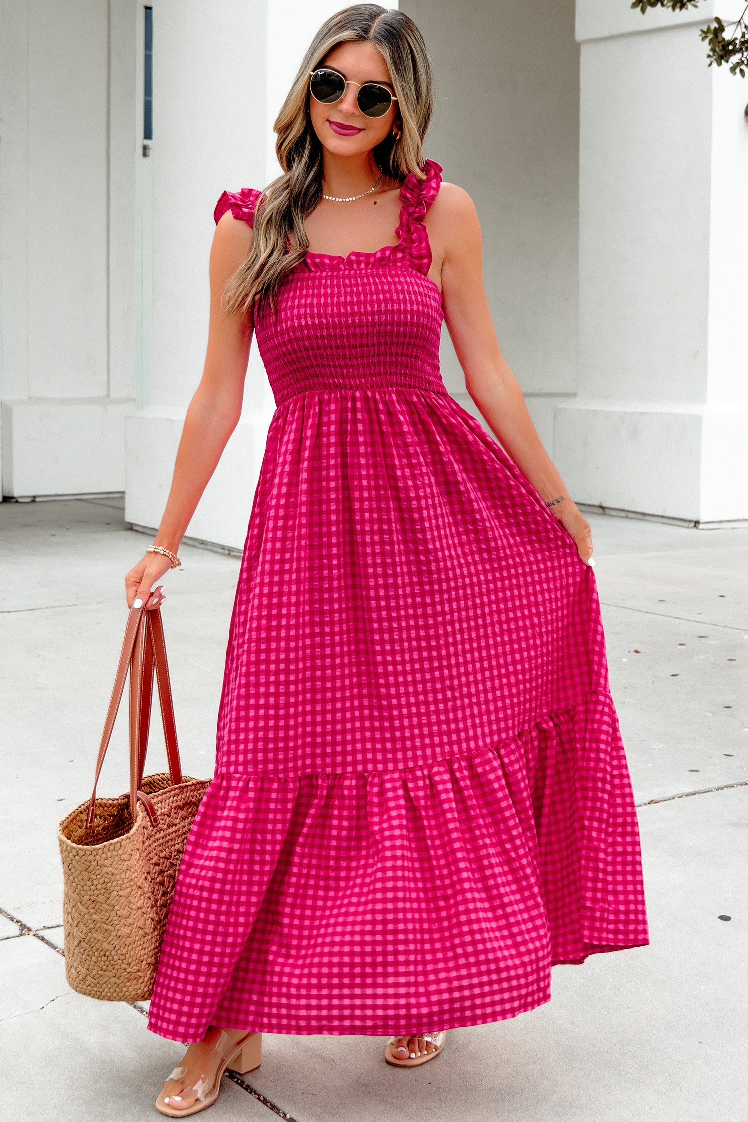 Red Plaid Square Neck Fit-and-Flared Vacation Sundress