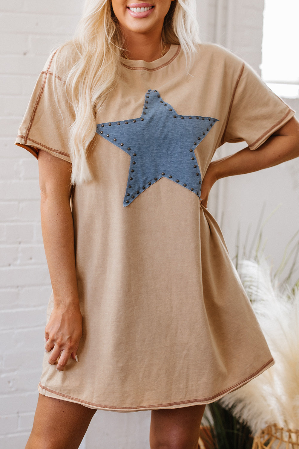 Pale Khaki Mineral Wash Stud Beaded Star Graphic Pocketed T Shirt Dress eAura
