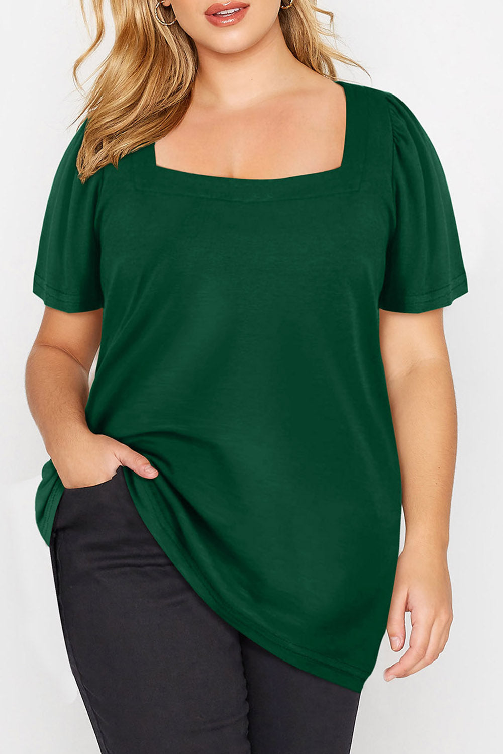 Green Plus Size Square Neck Ruched Shoulder Short Sleeve Top BB Fashion Outlet