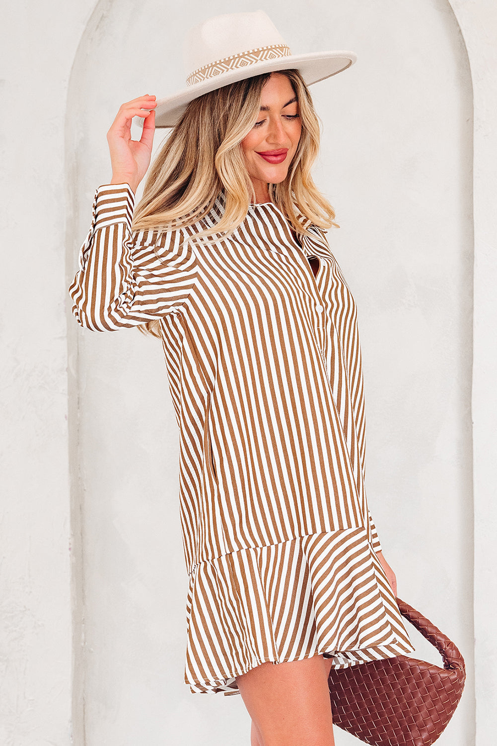 Ruffled Hem Collared Long Sleeve Shirt Mini Dress - eAura