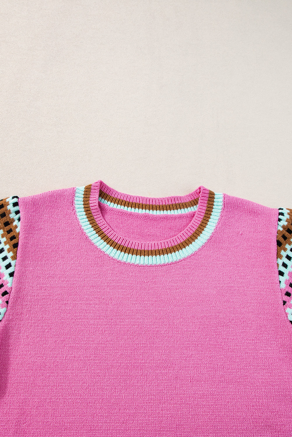 Bright Pink Contrast Printed Cap Sleeves Crewneck Sweater eAura