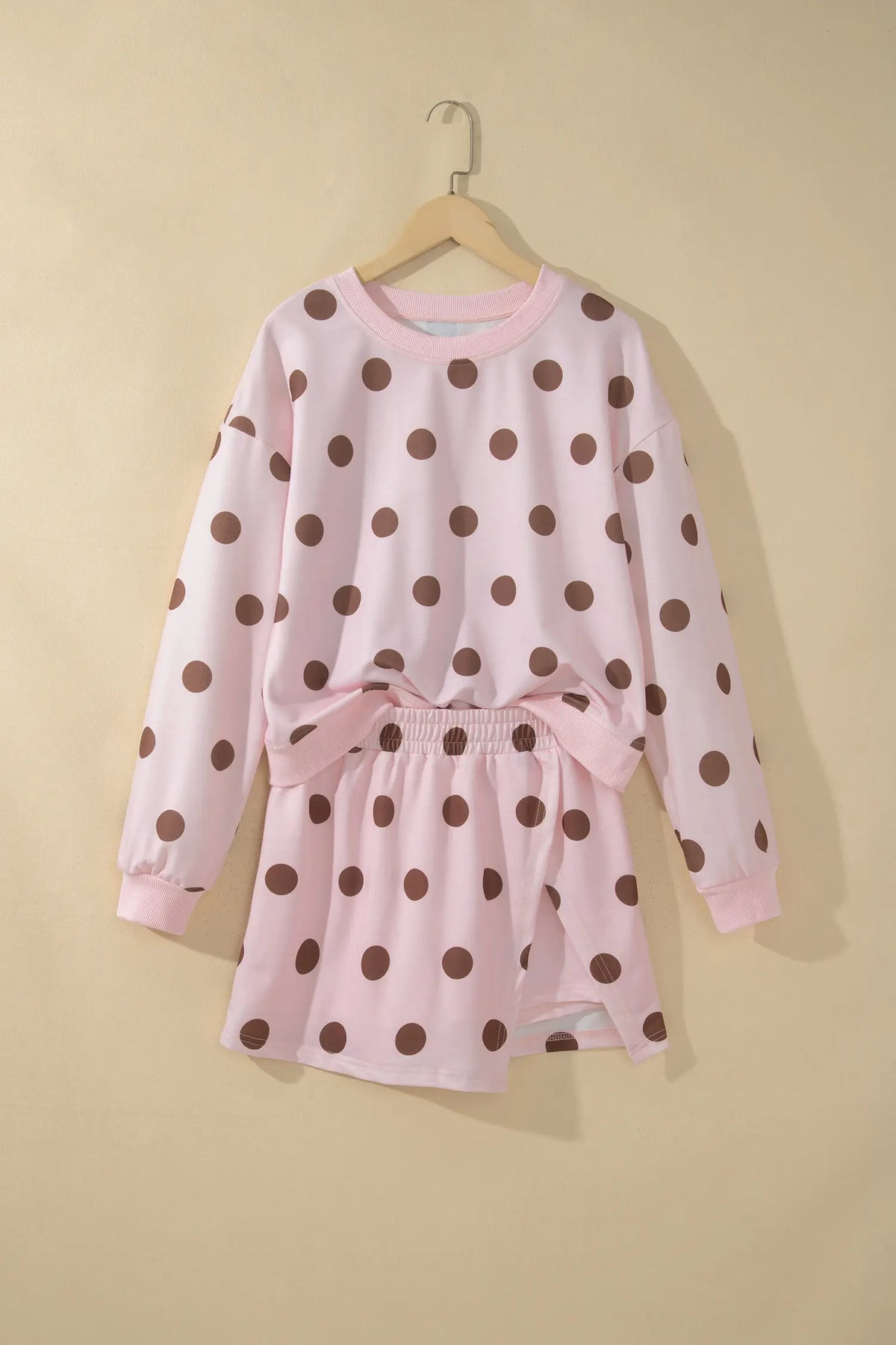 Polka Dot Two Piece Set Long Sleeve Casual Skirt Set – Pink