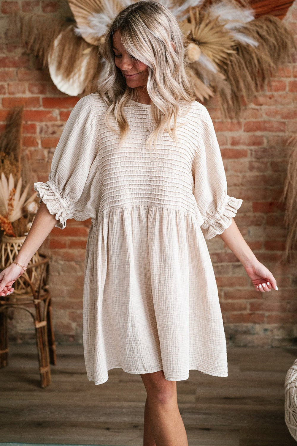 White Textured Ruffled Puff Sleeve Oversized Dress eAura