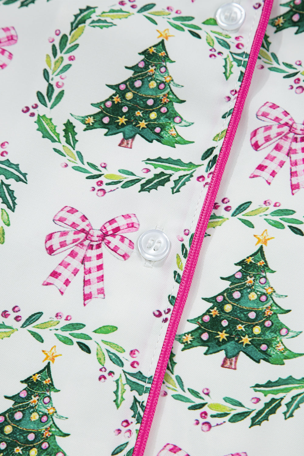 Christmas Print Velvet Trim Bow Knot Pyjama Shorts Set - eAura