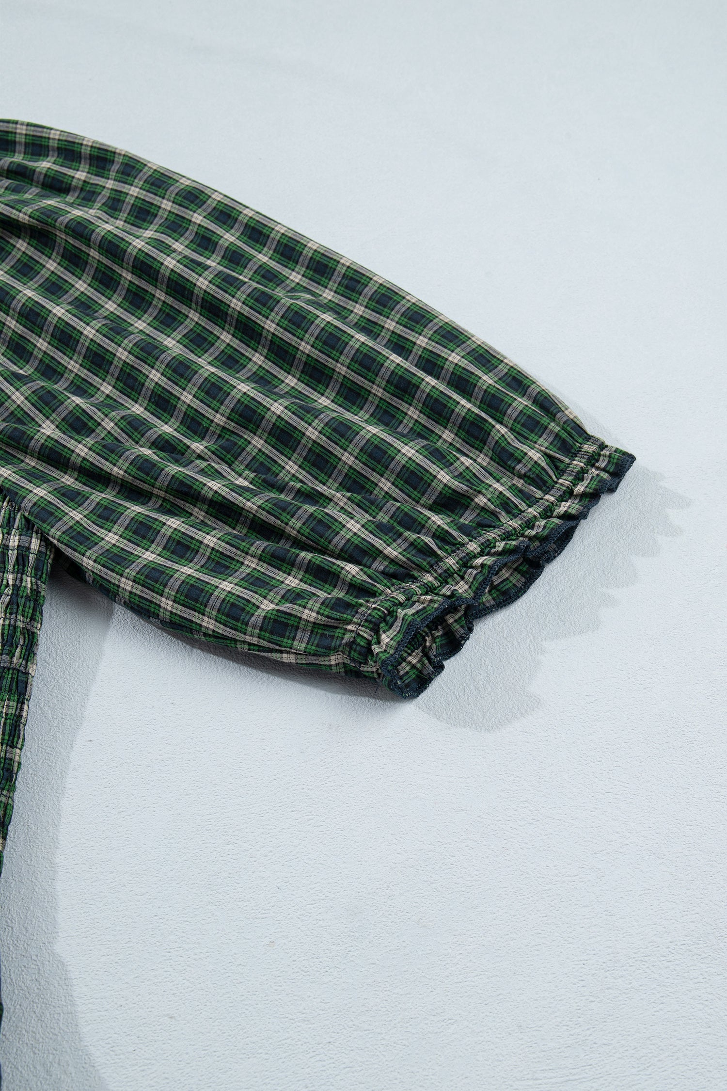 Plaid Square Neck Shirred High Waist Ruffle Hem Dress – Green