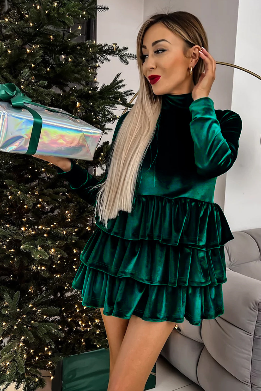 Evergreen Velvet High Neck Tiered Ruffle Mini Dress Beagle Boutique Fashion Outlet