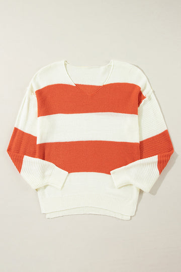 Stripe Loose Colour Block Drop Shoulder Bubble Sleeve Sweater - Sweaters & Cardigans/Sweaters