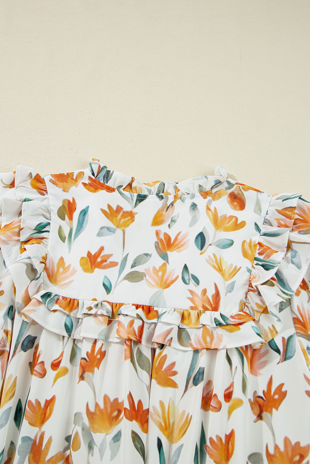 Yellow Floral Print Tie Neck Frilled Detail Long Sleeve Mini Dress eAura