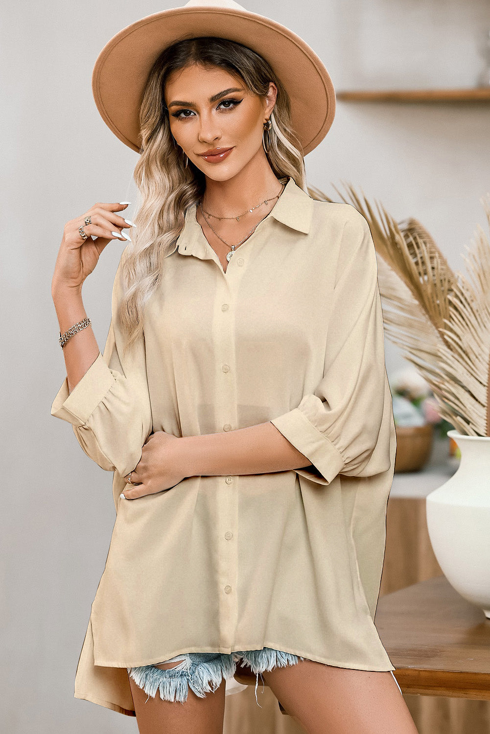 3/4 Puff Sleeve Oversized Shirt - eAura