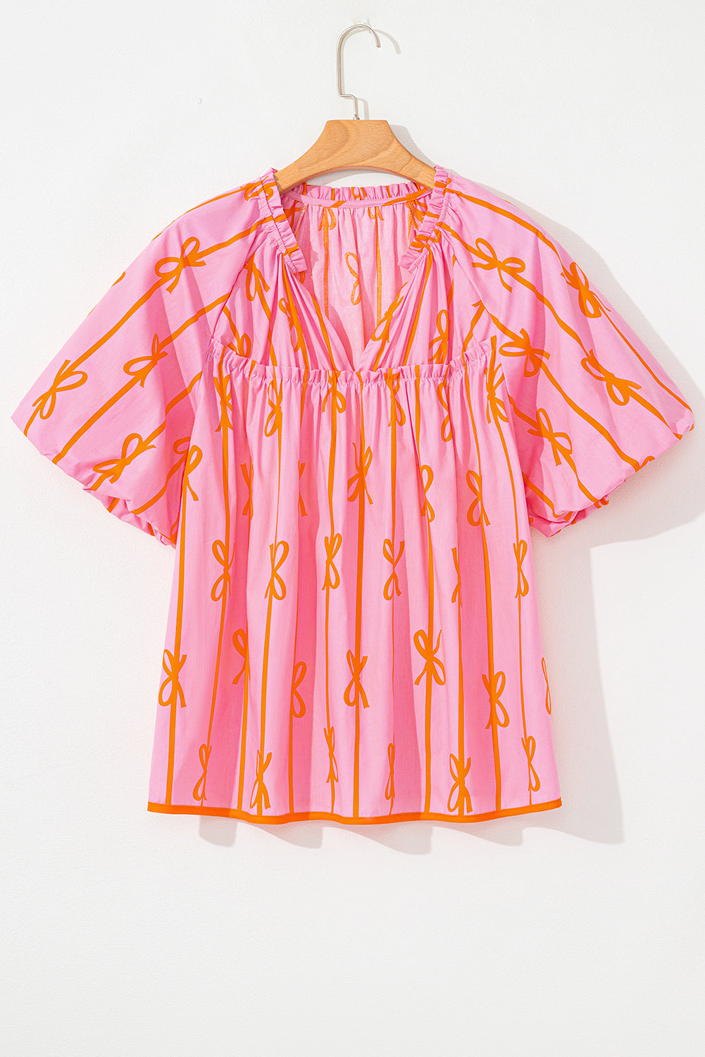 Rose Bowknot Print Shirred V Neck Puff Sleeve Plus Size Blouse BB Fashion Outlet