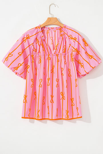 Rose Bowknot Print Shirred V Neck Puff Sleeve Plus Size Blouse BB Fashion Outlet