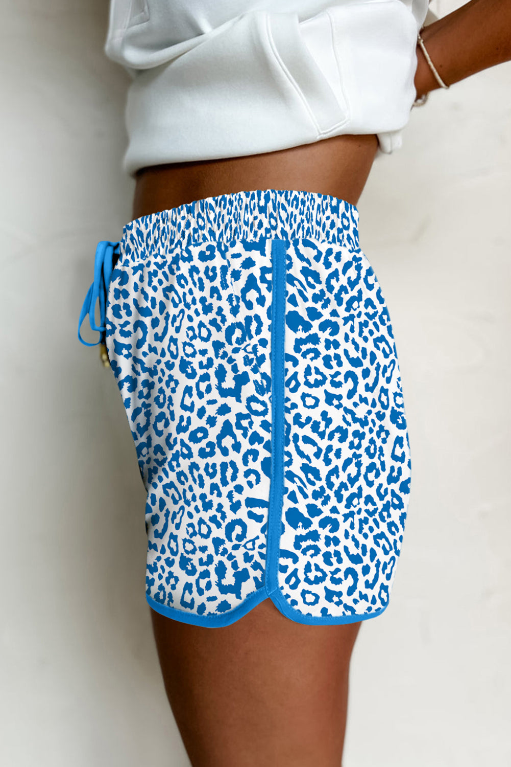 Blue Leopard Elastic Waist Lace up Contrast Trim Casual Shorts eAura