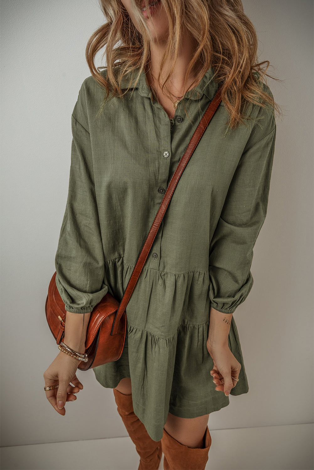 Tan Puff Sleeve Buttoned Tiered Pleated Shirt Mini Dress Beagle Boutique Fashion Outlet