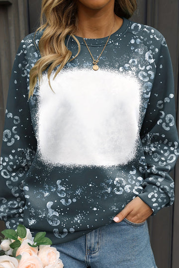 Blue Leopard Bleached Raglan Sleeve Crewneck Sweatshirt eAura