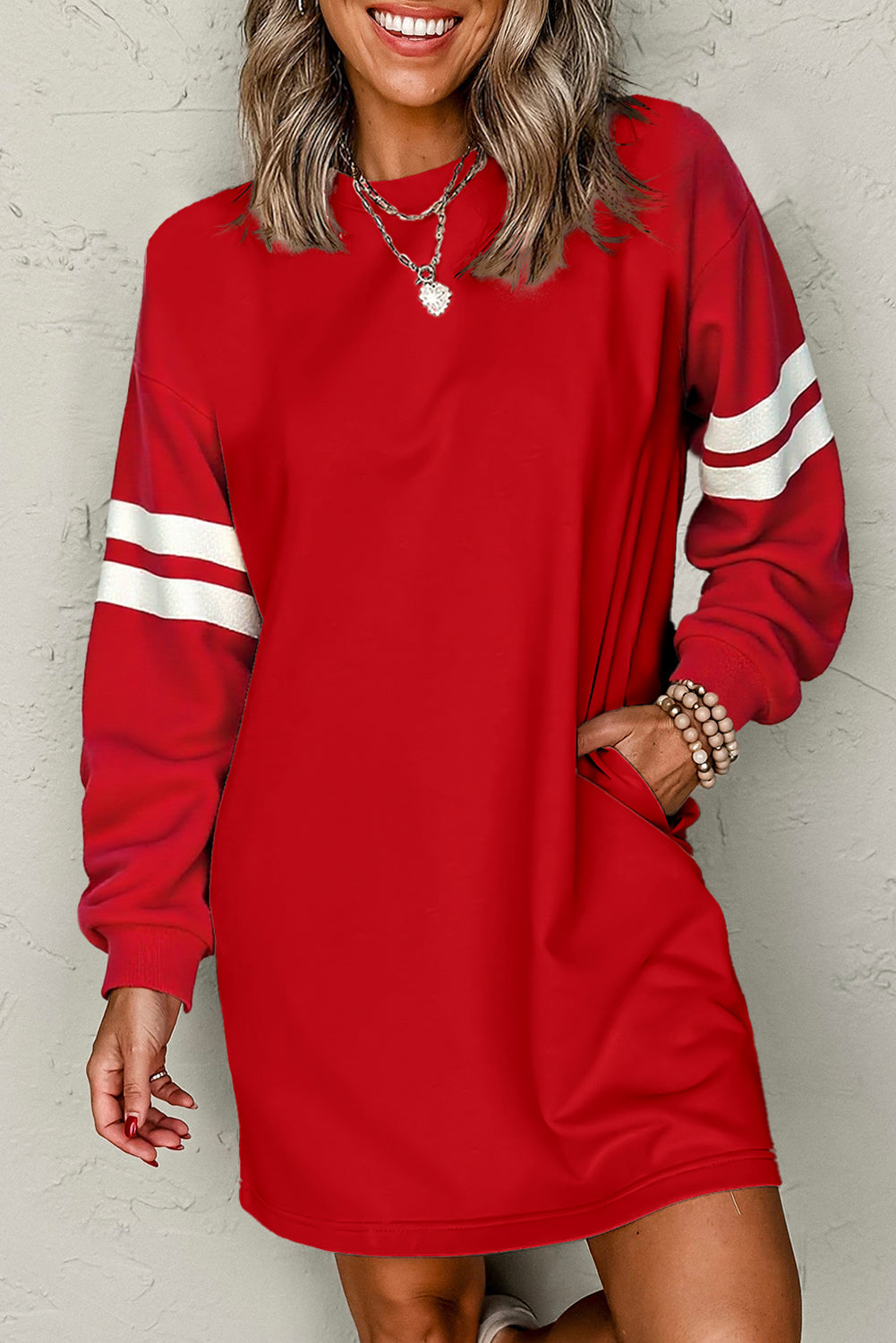 Varsity Contrast Banded Sleeve Shift Sweatshirt Dress Dear-Lover Dropshipping