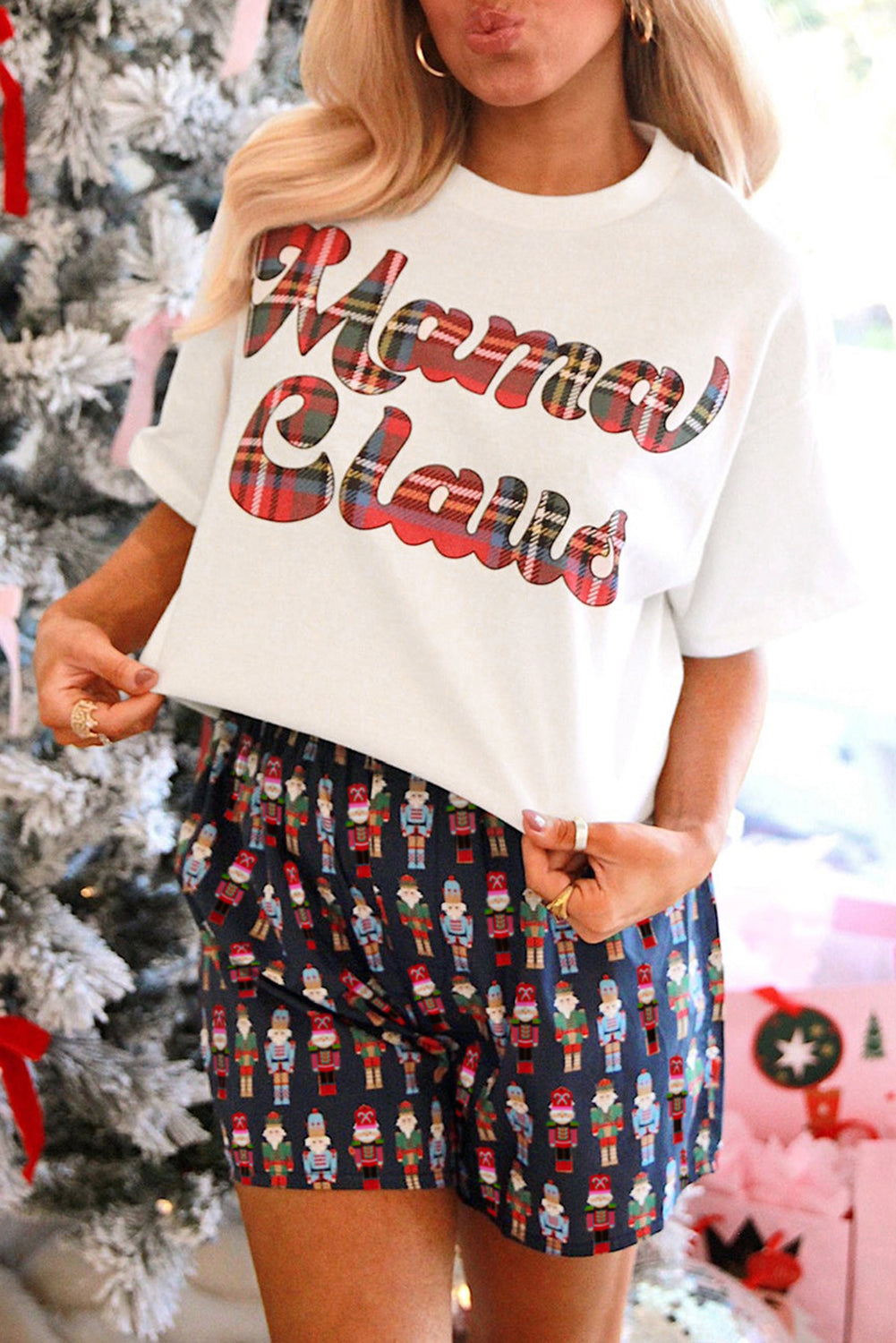 Pink Mama Claus Plaid Letter Tee Nutcracker Shorts Pyjama Set - eAura