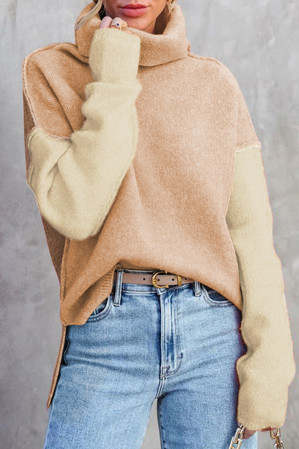 Colour Block Turtle Neck Drop Shoulder Knit Sweater Dear-Lover Dropshipping