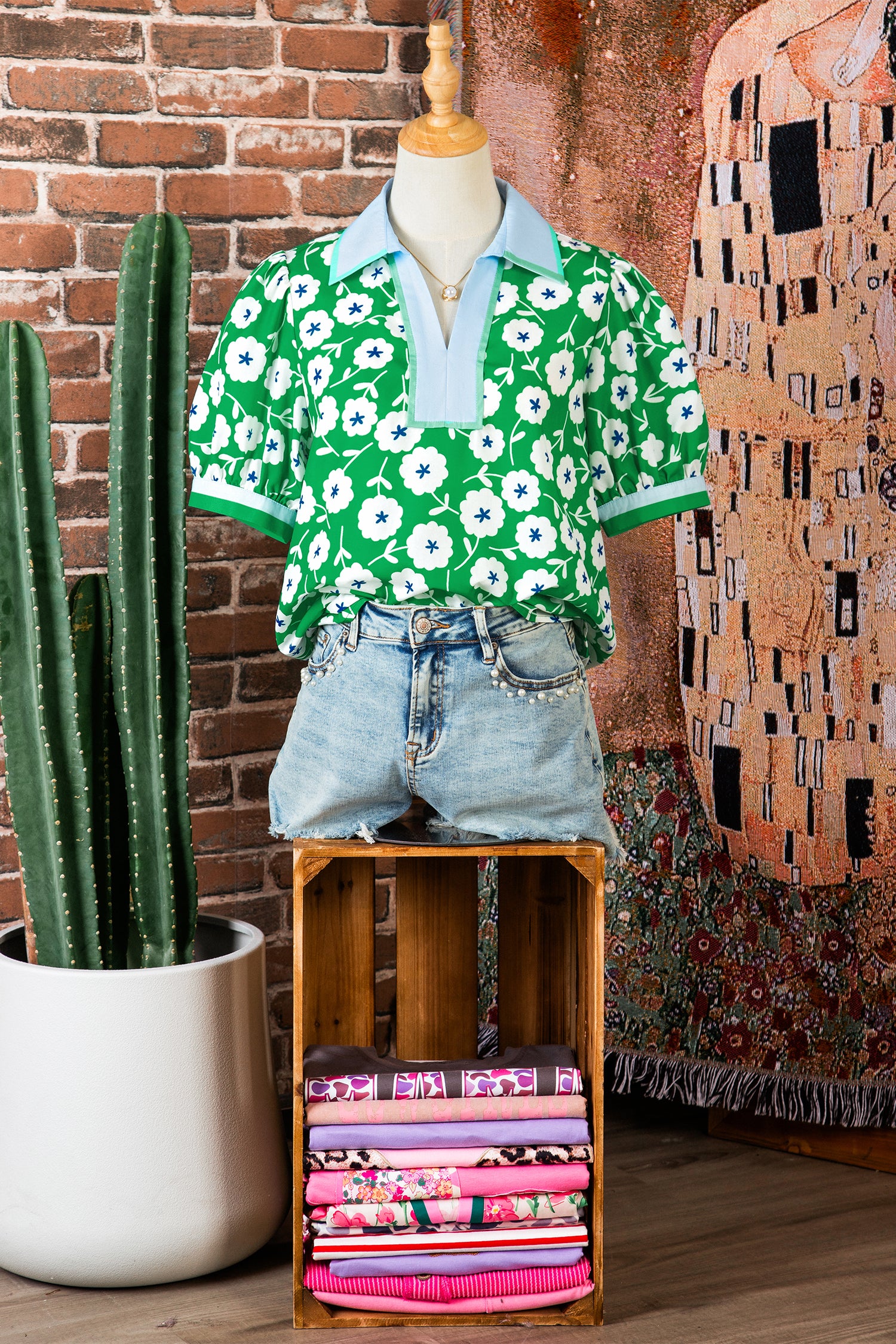 Flower Printed Contrast Patchwork Collar Short Sleeve Blouse – Green
