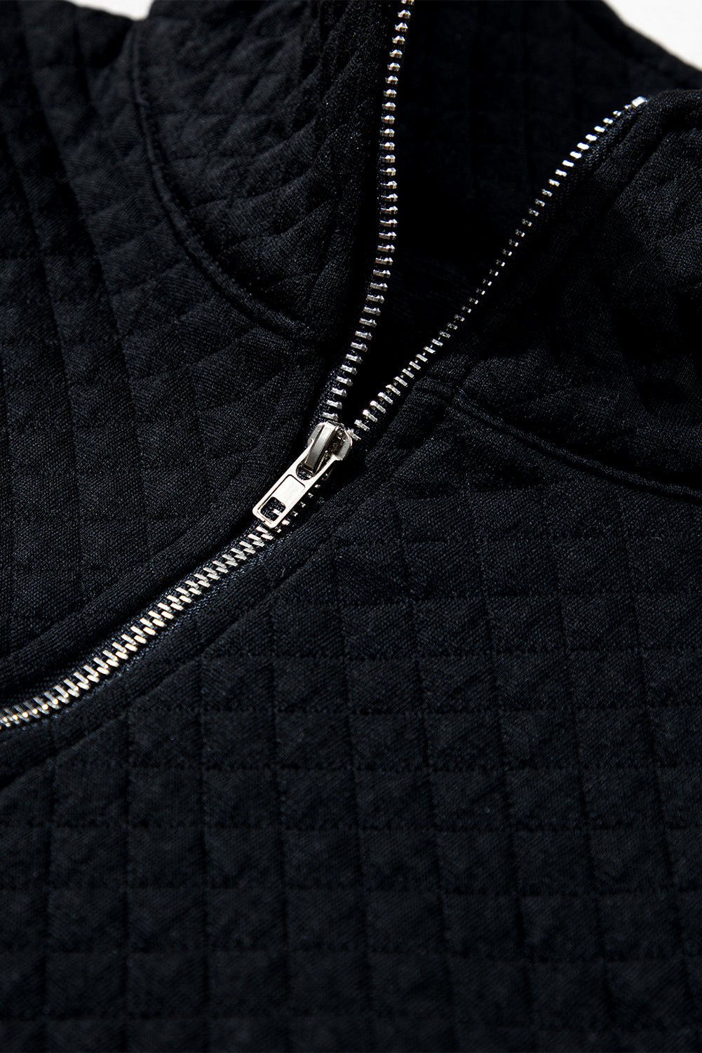 Black Solid Half Zipper Quilted Pullover Sweatshirt - eAura
