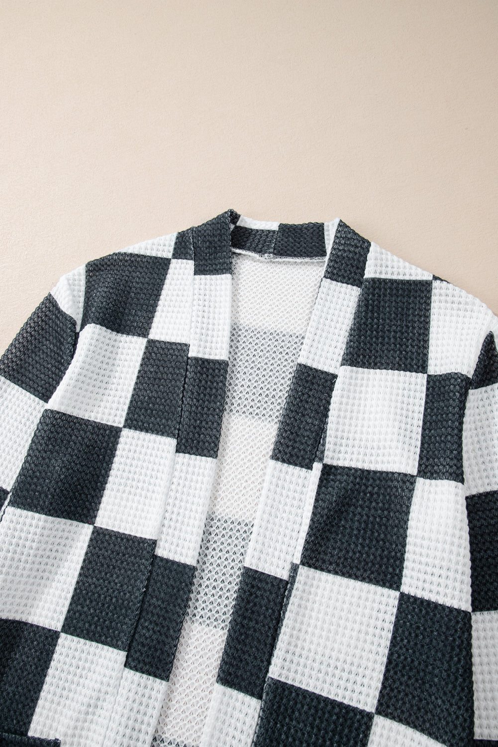Black Checkered Waffle Knit Thumbhole Open Front Cardigan eAura