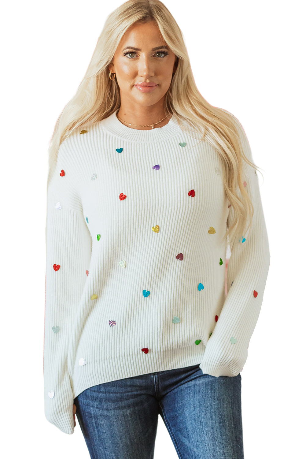 Beige Sequin Heart Shape Waffle Knit Round Neck Sweater eAura