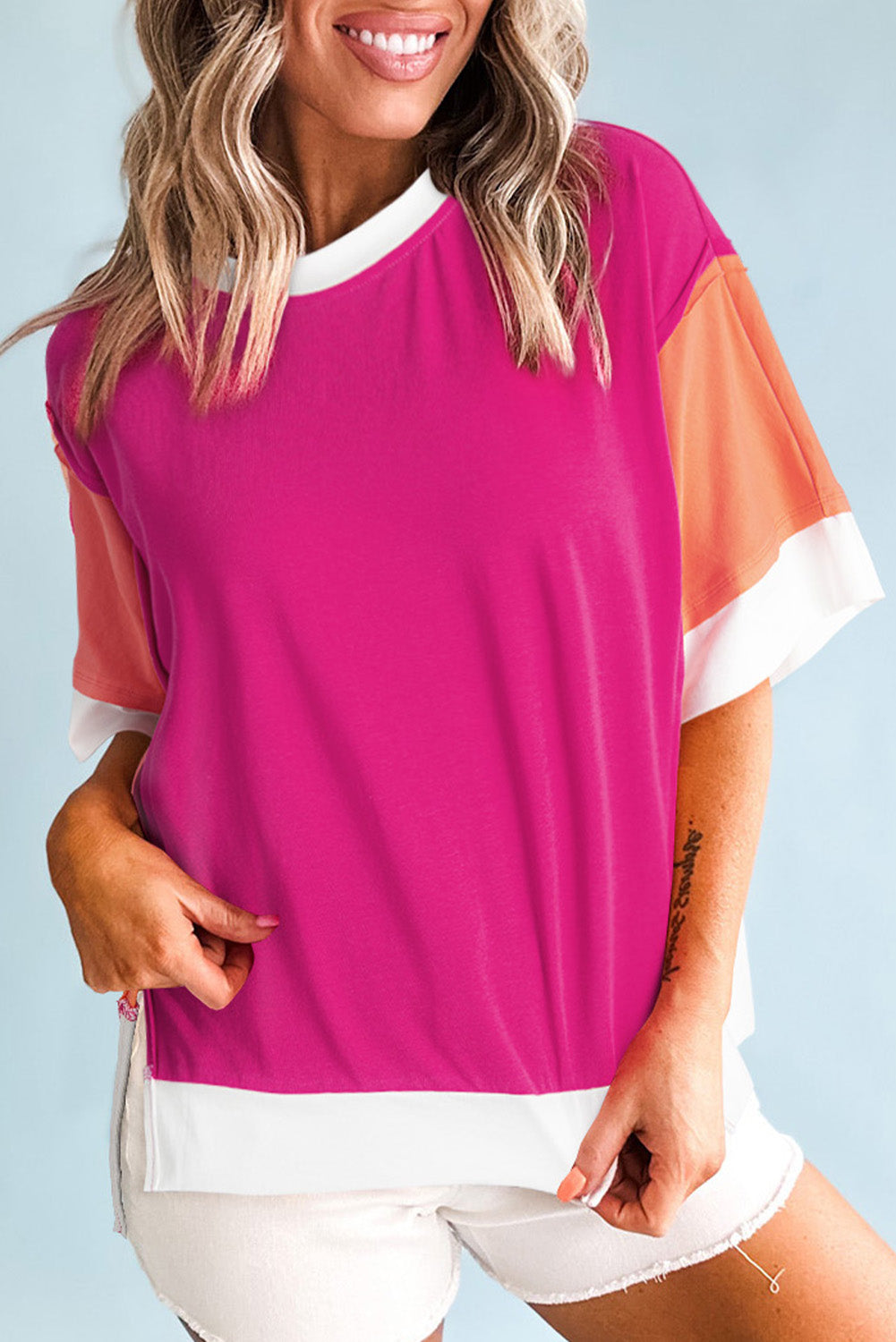 Rose Red Colour Block Patchwork Side Slits Loose Fit T Shirt eAura