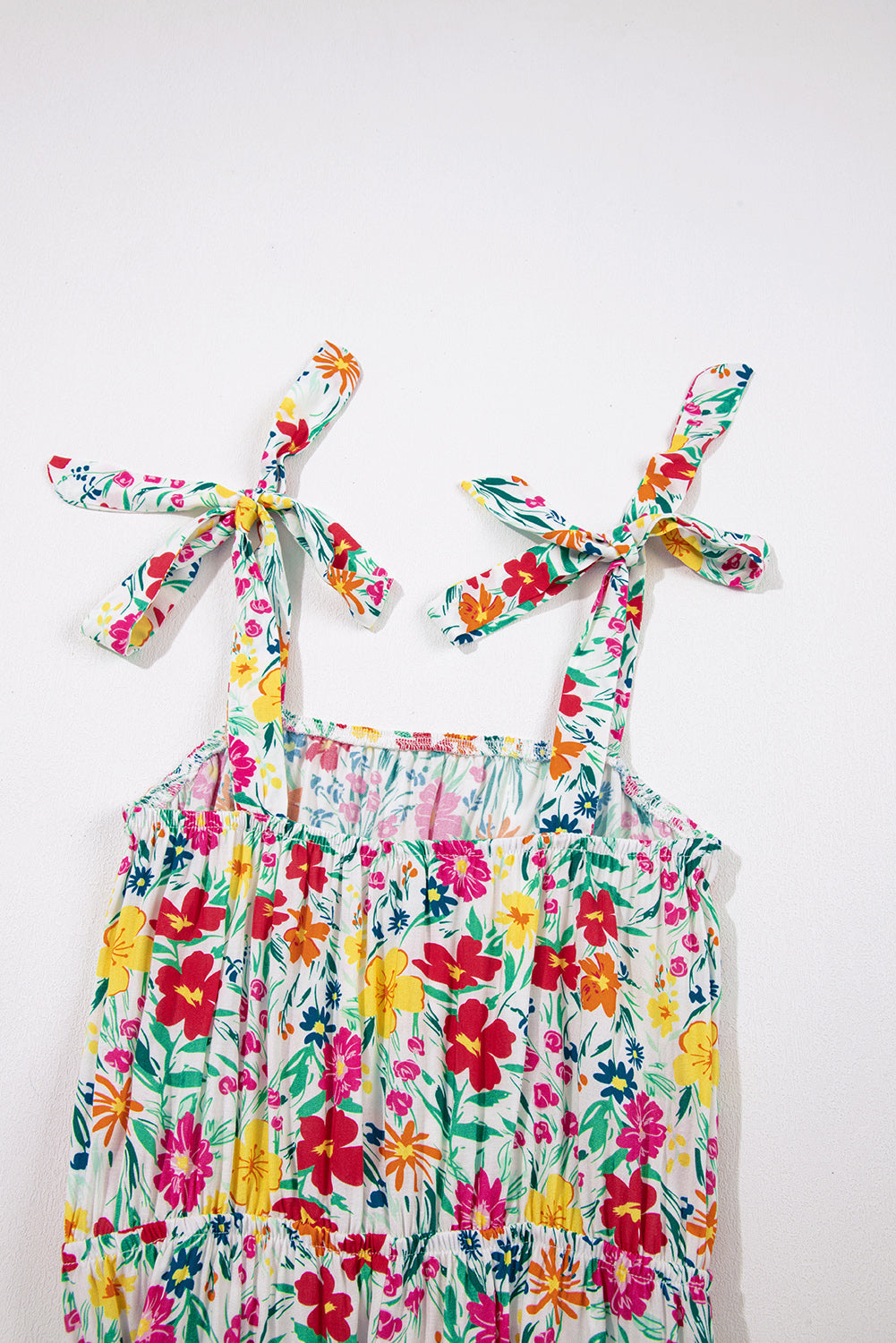 Floral Knotted Straps Cinched Waist Ruffle Hem Mini Dress eAura