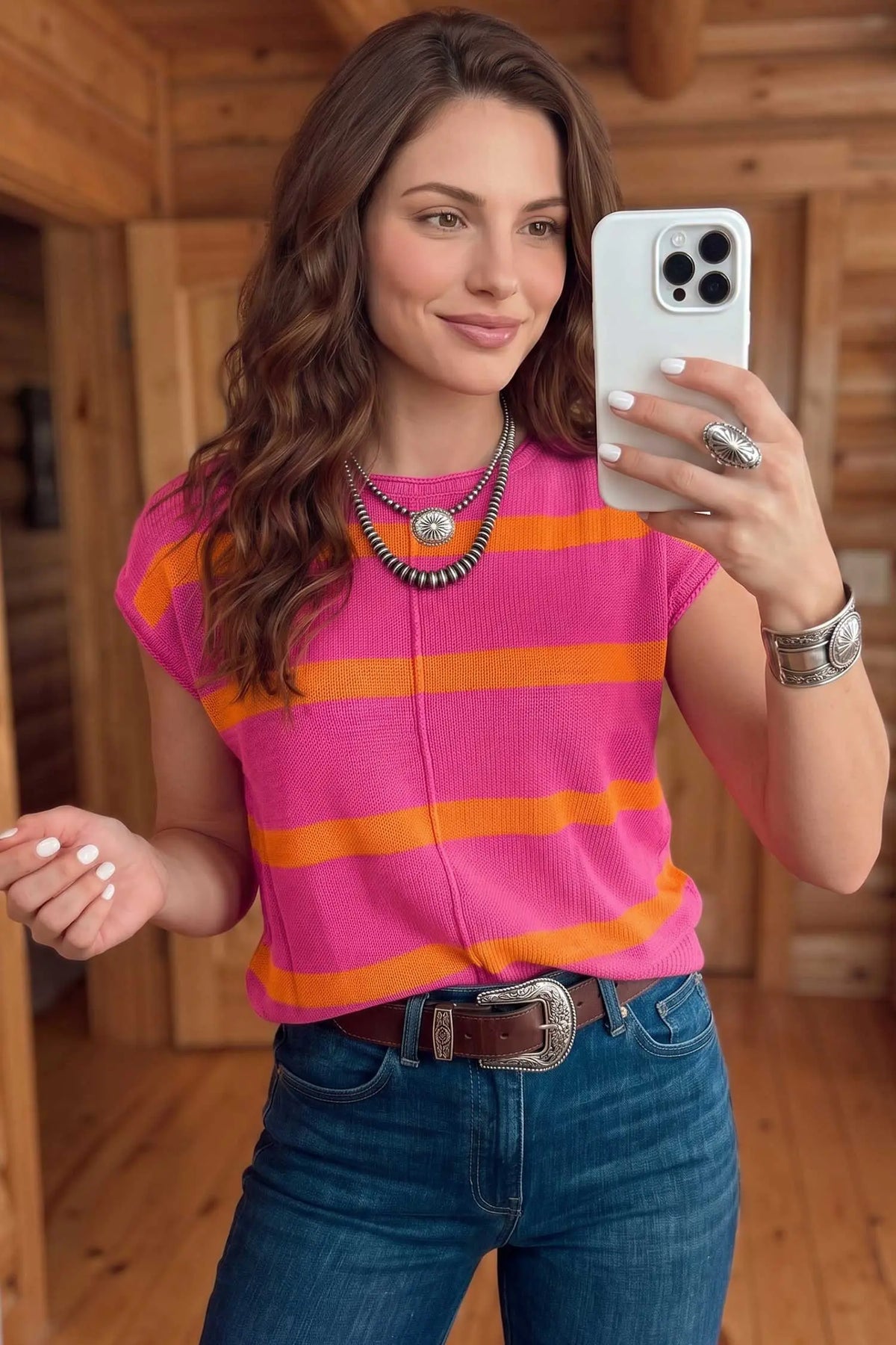 Knit Western Short Sleeve Sweater – Brown Stripe