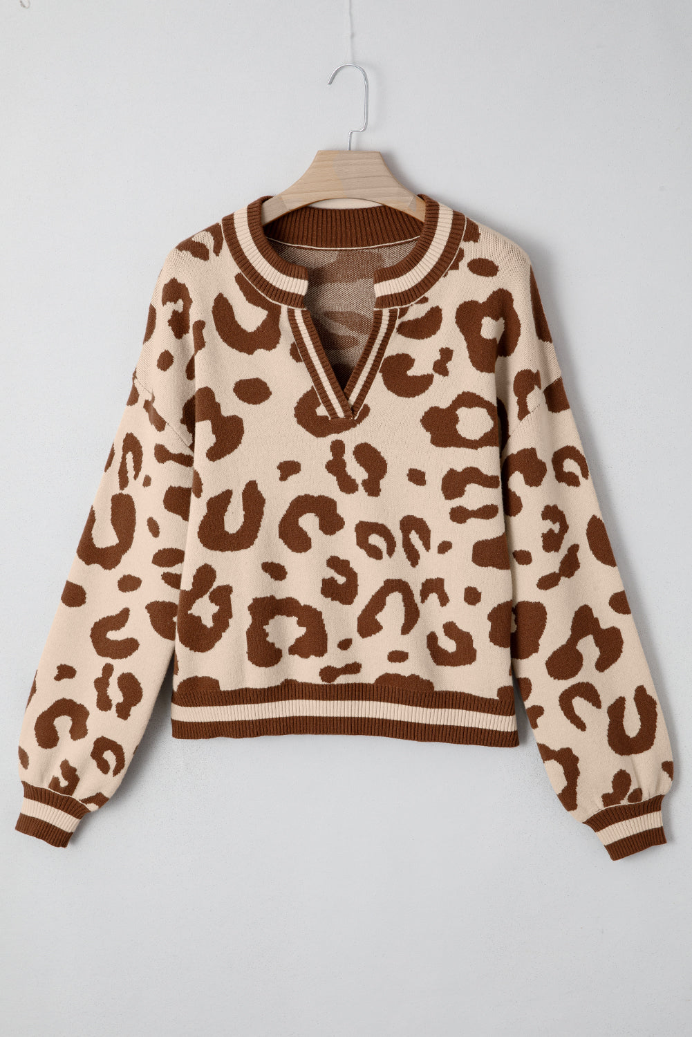 Beige Leopard Printed Knit V-Neck Casual Sweater - eAura