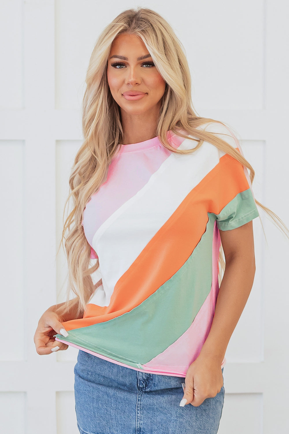 Pink Colour Block Patchwork Seamed Crewneck T Shirt eAura