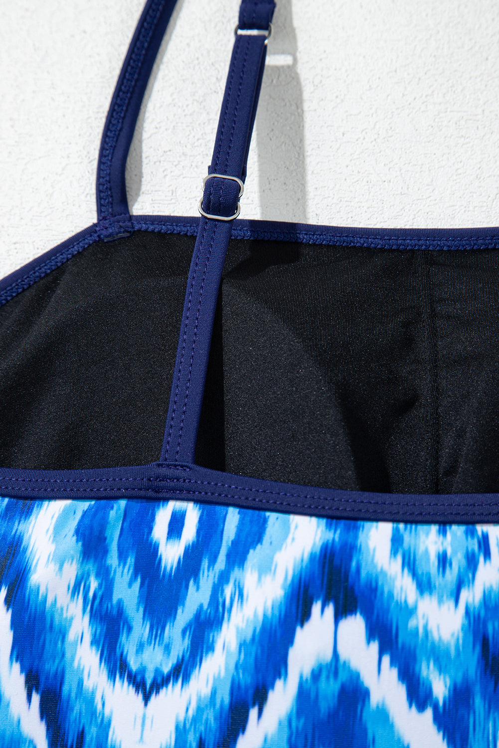 Navy Blue Abstract Print Frilled Trim Spaghetti Straps Tankini Set eAura