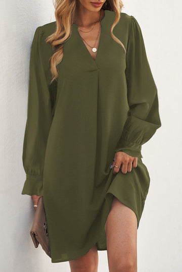 Green Split V Neck Ruffled Sleeves Shirt Dress BB Fashion Outlet