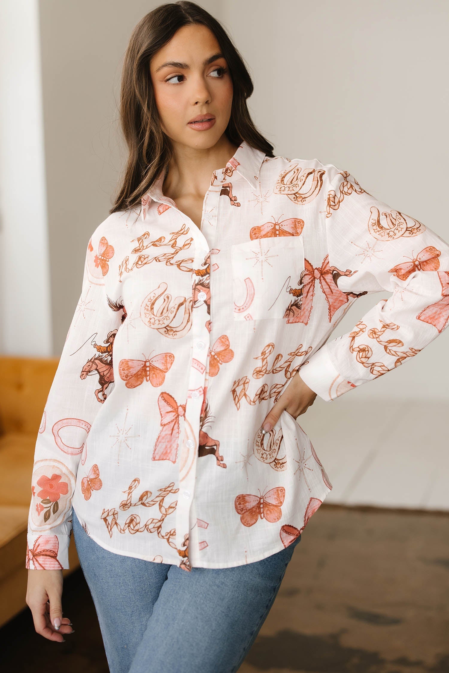 White Rodeo Cowgirl Print Western Button up Shirt - Tops/Blouses & Shirts