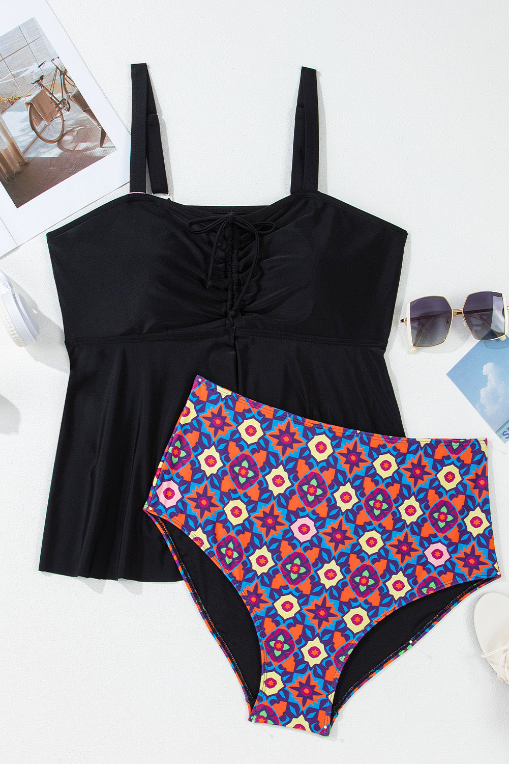 Black Drawstring Tied Front Flared Top Geometric Print Bottom Plus Size Tankinis BB Fashion Outlet