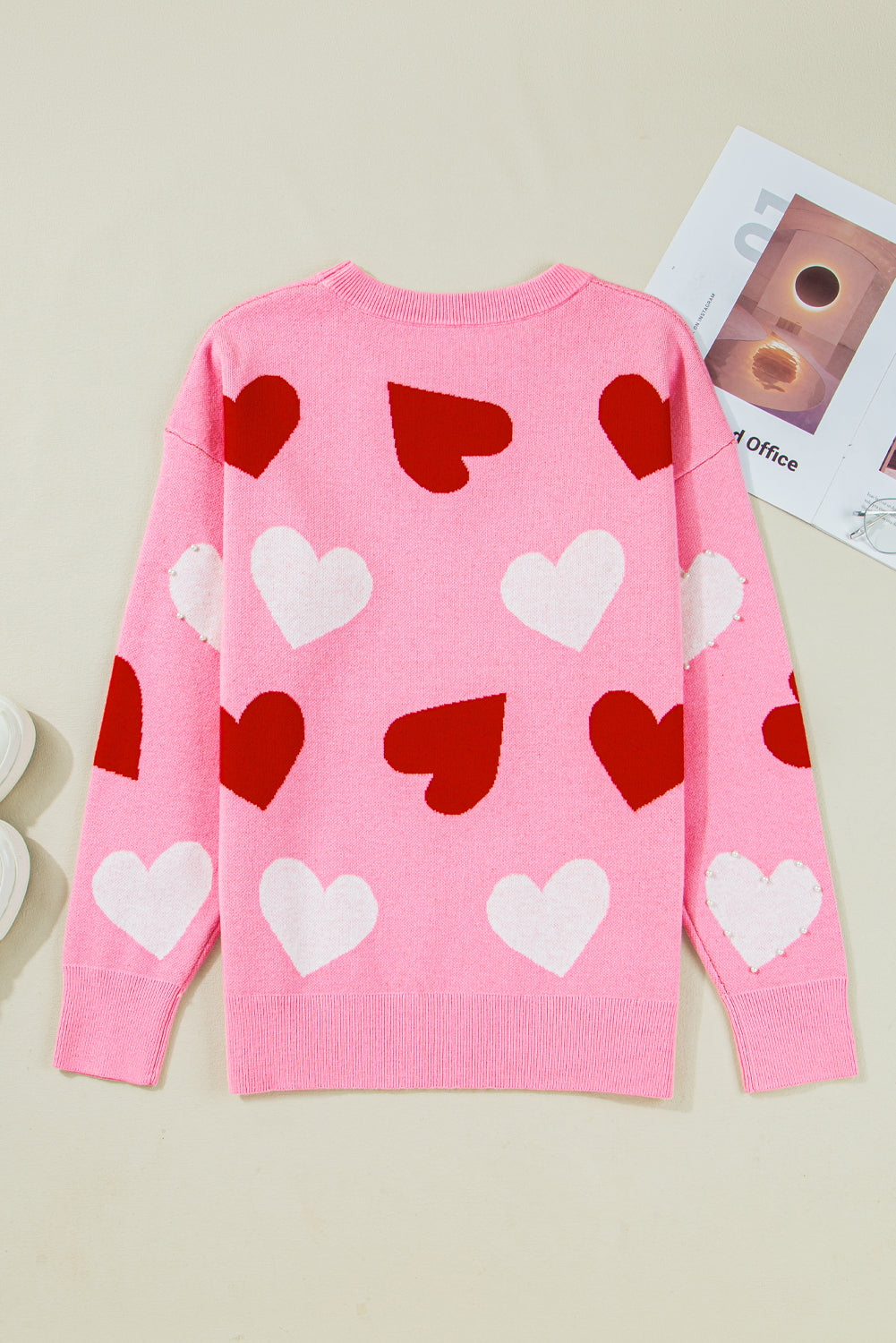 Pink Pearl Embellished Heart Pattern Sweater - eAura