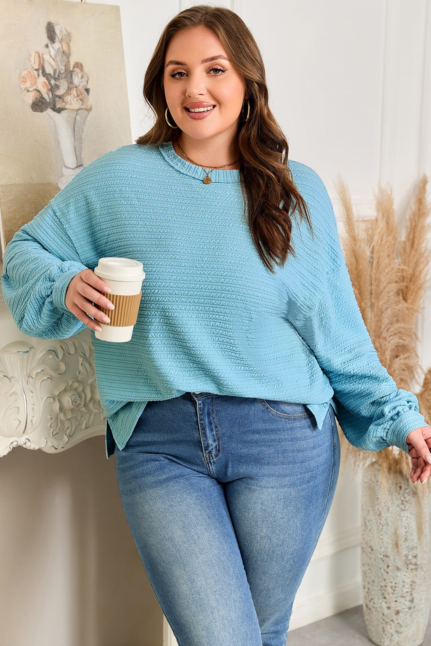Textured Drop Shoulder Plus Size Knit Top - eAura