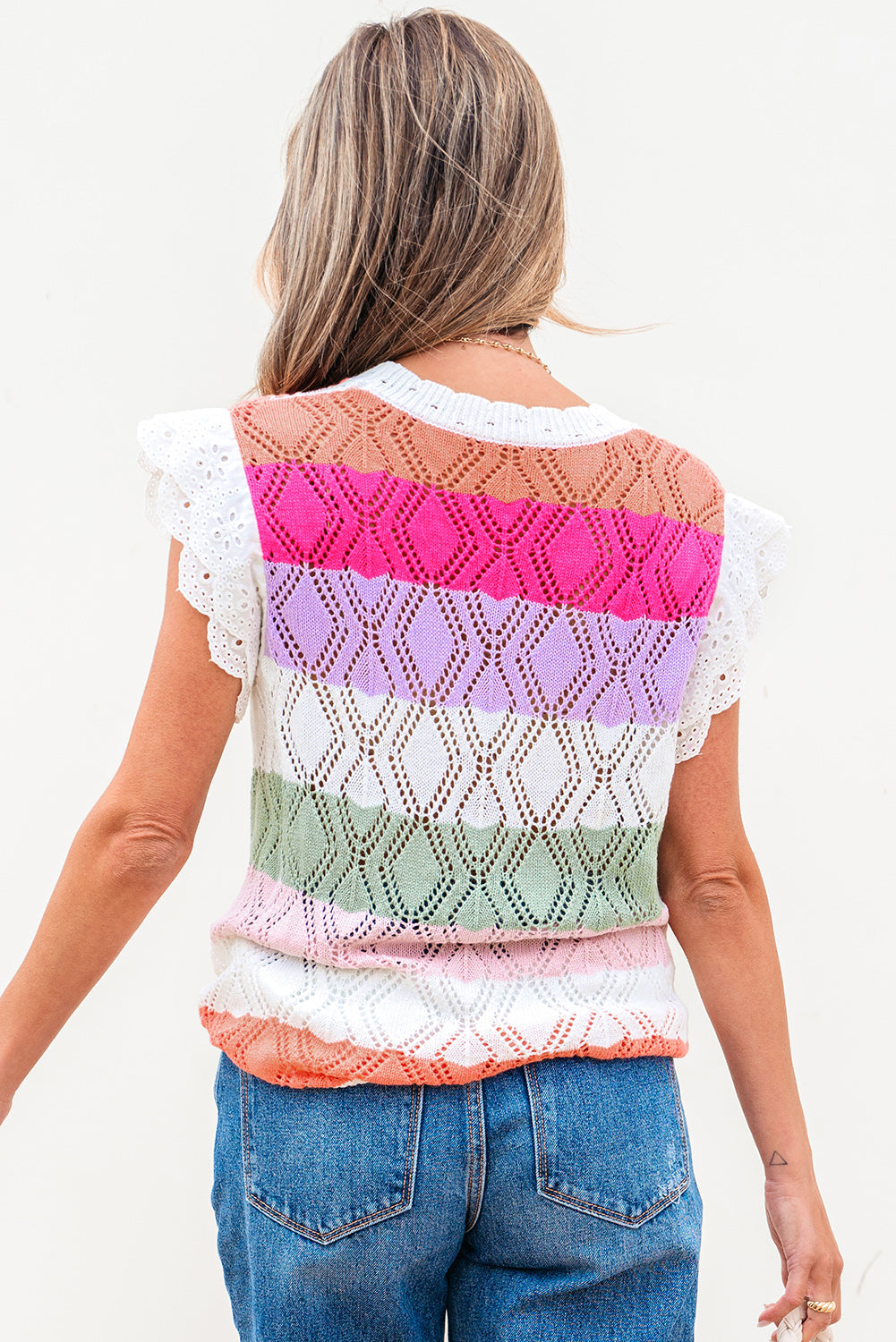 Rose Stripe Colourblock Hollowed Knit Scallop Edge Sweater Vest eAura