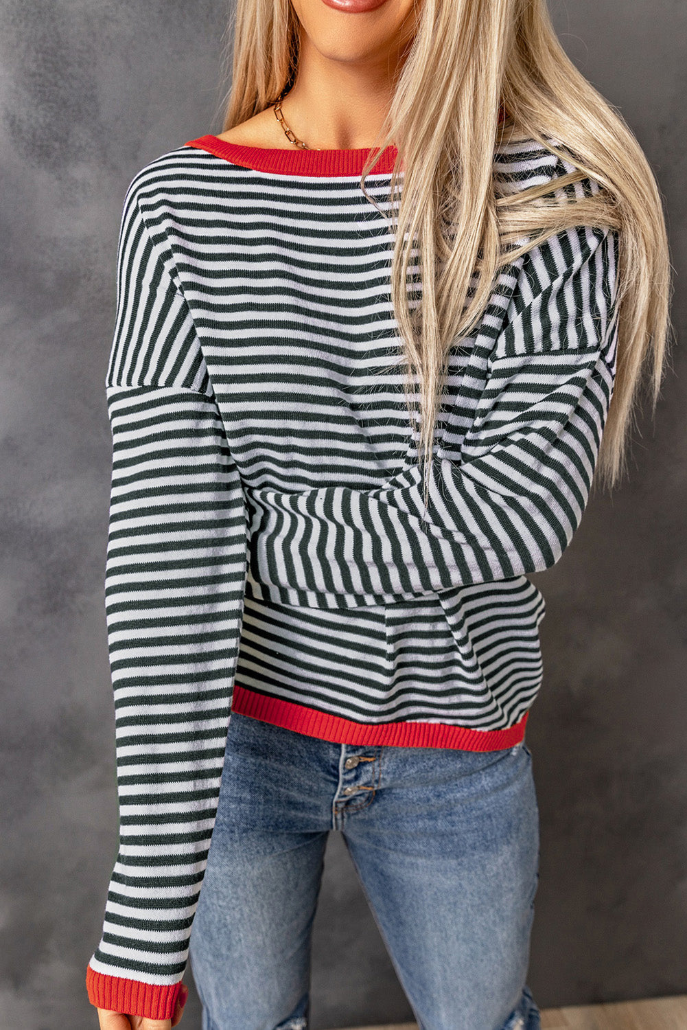 Contrast Trimmed Striped Drop Shoulder Sweater eAura