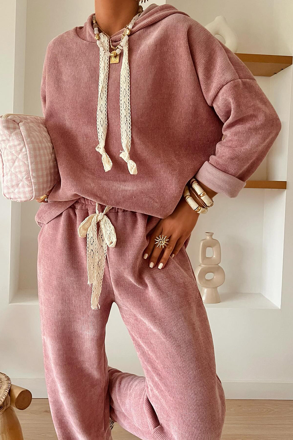 Pullover Hoodie and High Waist Bottoms Soft Cord Co-ord Set - eAura