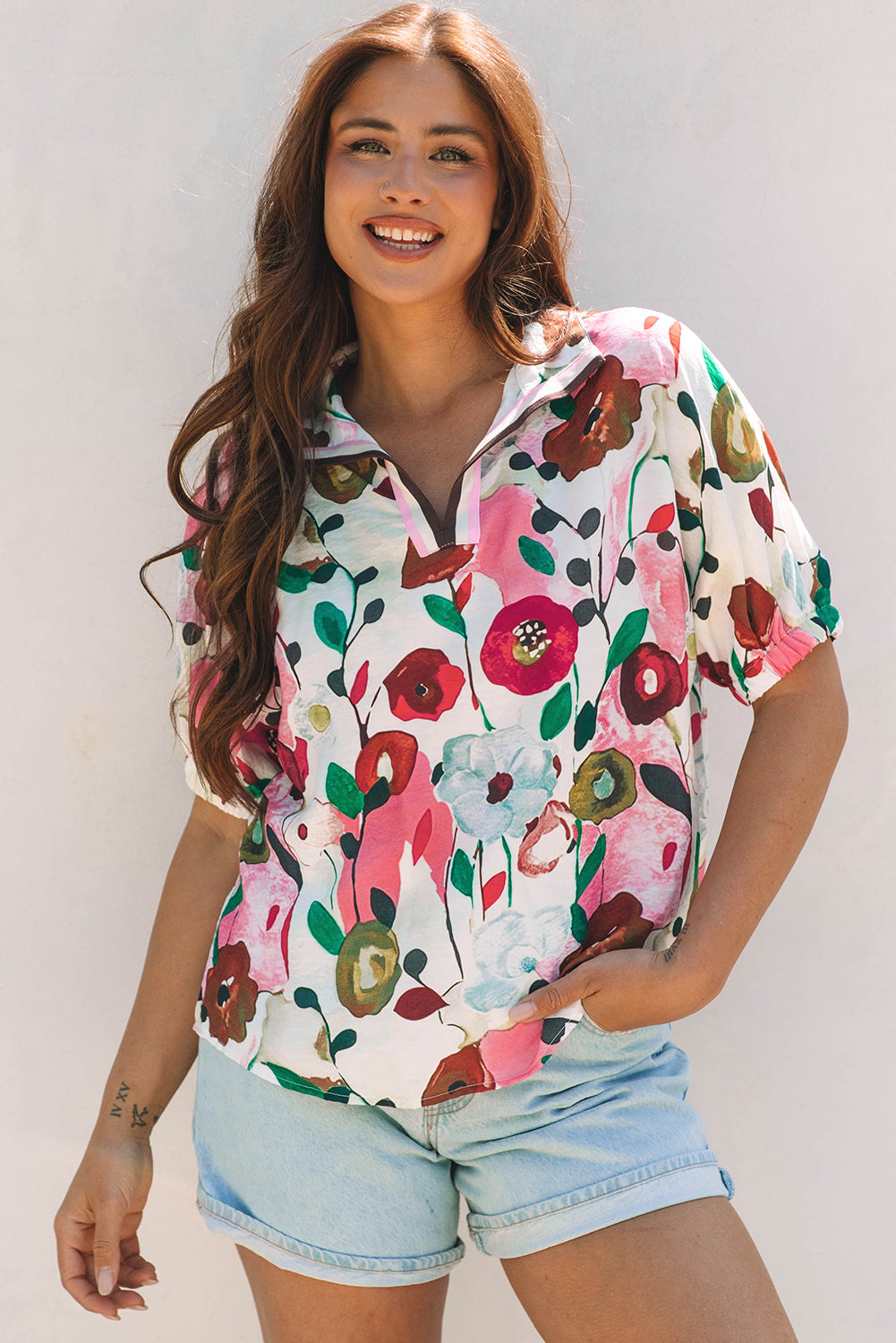 Pink Floral Print Slit V Neck Short Sleeve Blouse eAura