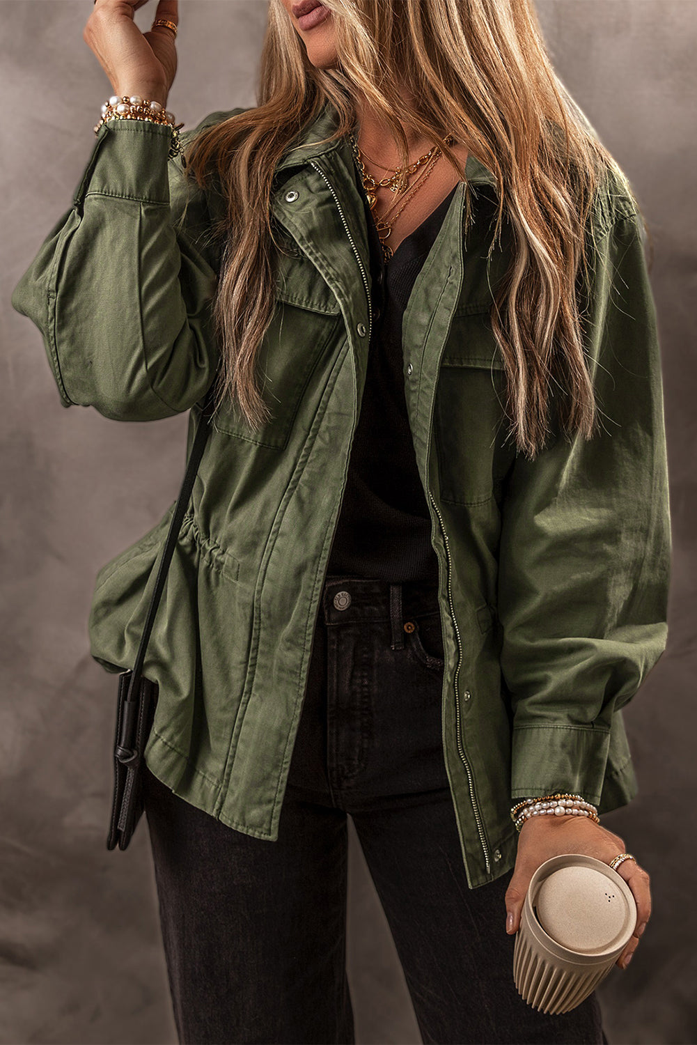 Moss Green Snap Button Zipper Tight Waist Collared Jacket eAura