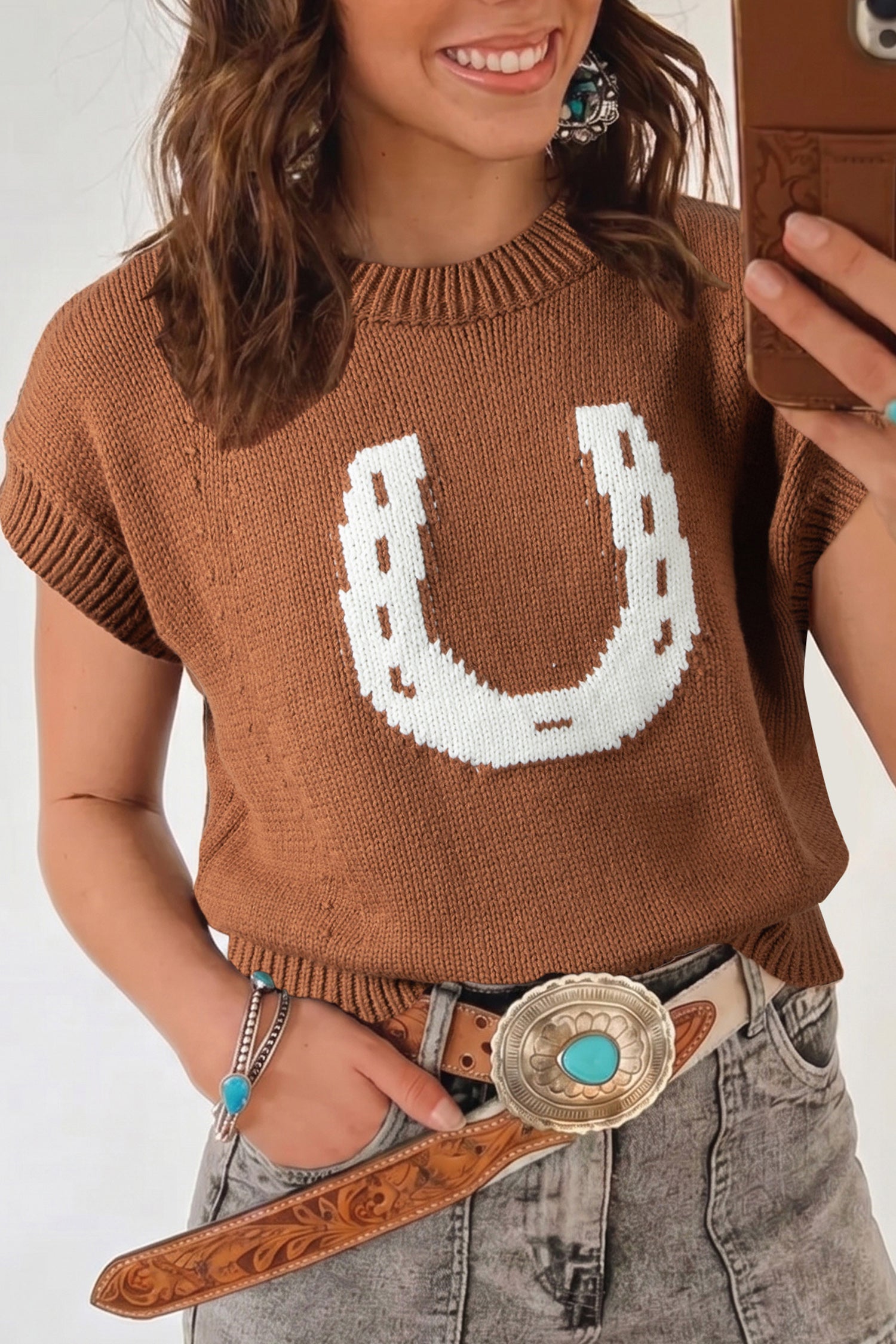 Chestnut Western Horseshoe Pattern Short Sleeve Knit Sweater – Brown